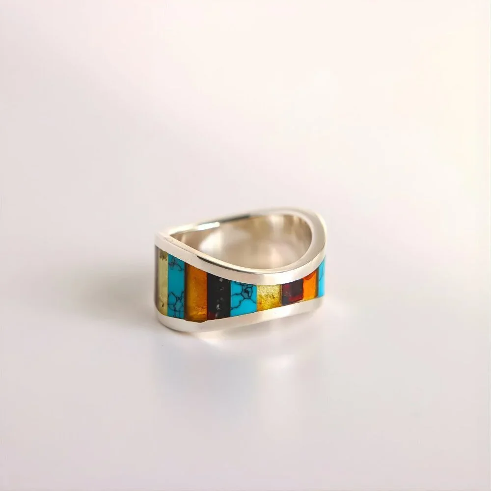 Baltic Amber and Turquoise Mosaic Ring in Sterling Silver
